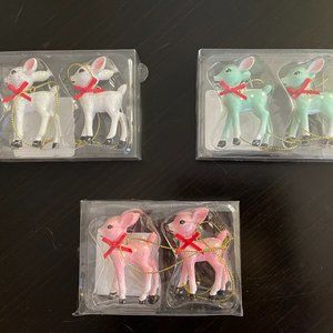 3 PACKS, 2 COUNT RETRO REINDEER CHRISTMAS ORNAMENTS, PINK, MINT GREEN AND WHITE